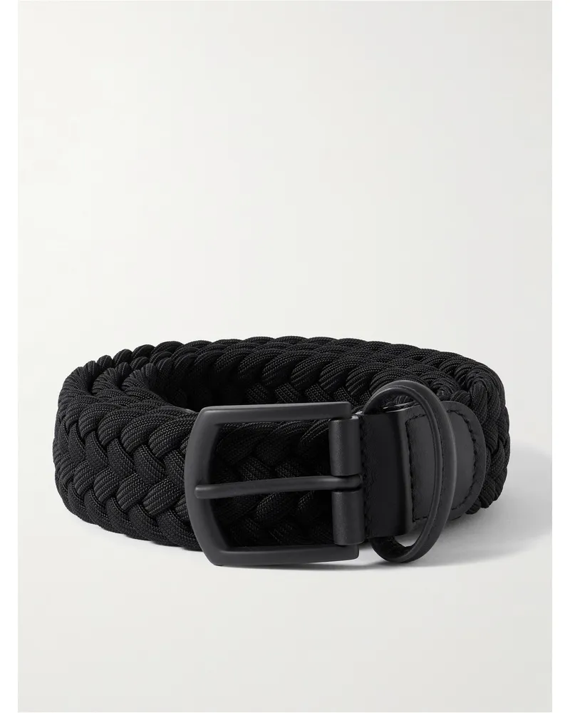 Anderson's 3.5cm Leather-Trimmed Woven Elastic Belt Black
