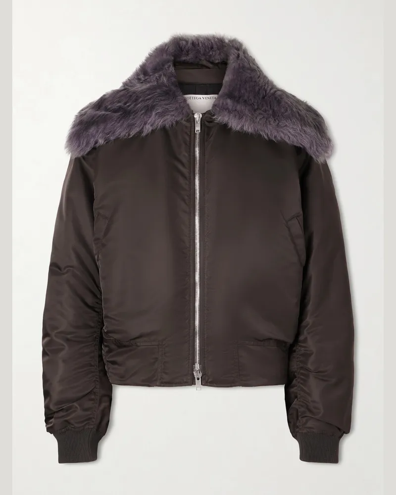 Bottega Veneta Padded Plush-Trimmed Satin Bomber Jacket Brown