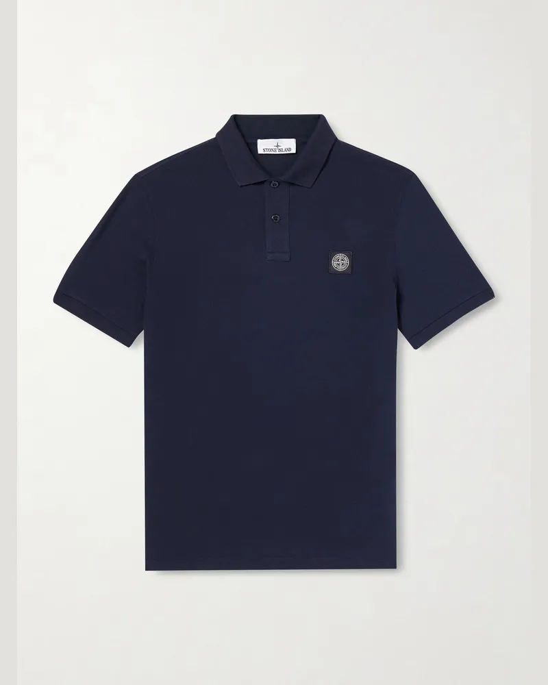 Stone Island Stretch Cotton-Blend Piqué Polo Shirt Blue