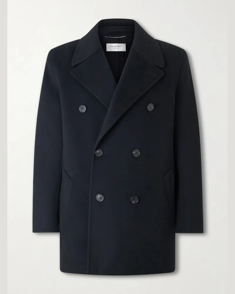 Saint Laurent Doppelreihiger Peacoat aus Wolle Schwarz