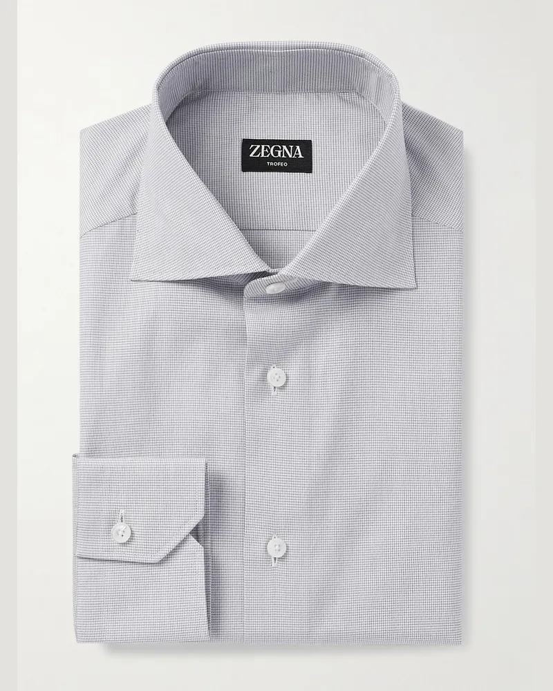 Ermenegildo Zegna Cutaway-Collar Micro-Checked Trofeo™ Cotton-Poplin Shirt Blue
