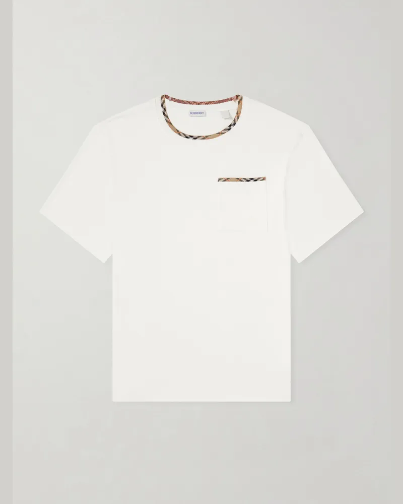 Burberry Logo-Embroidered Checked Cotton-Jersey T-Shirt White