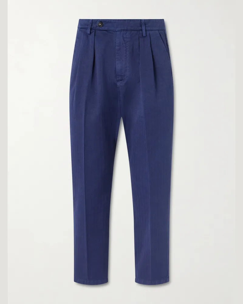 Massimo Alba Stan Tapered Pleated Herringbone Cotton Trousers Blue