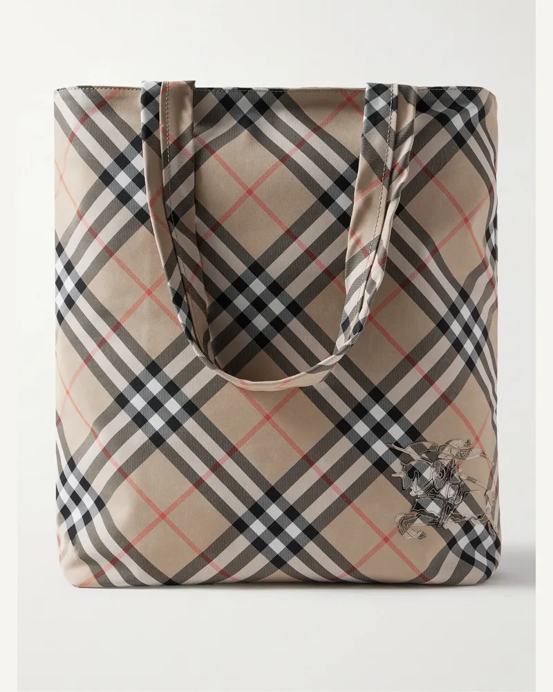 Burberry Tote aus Twill mit Karomuster und Logoapplikation Braun