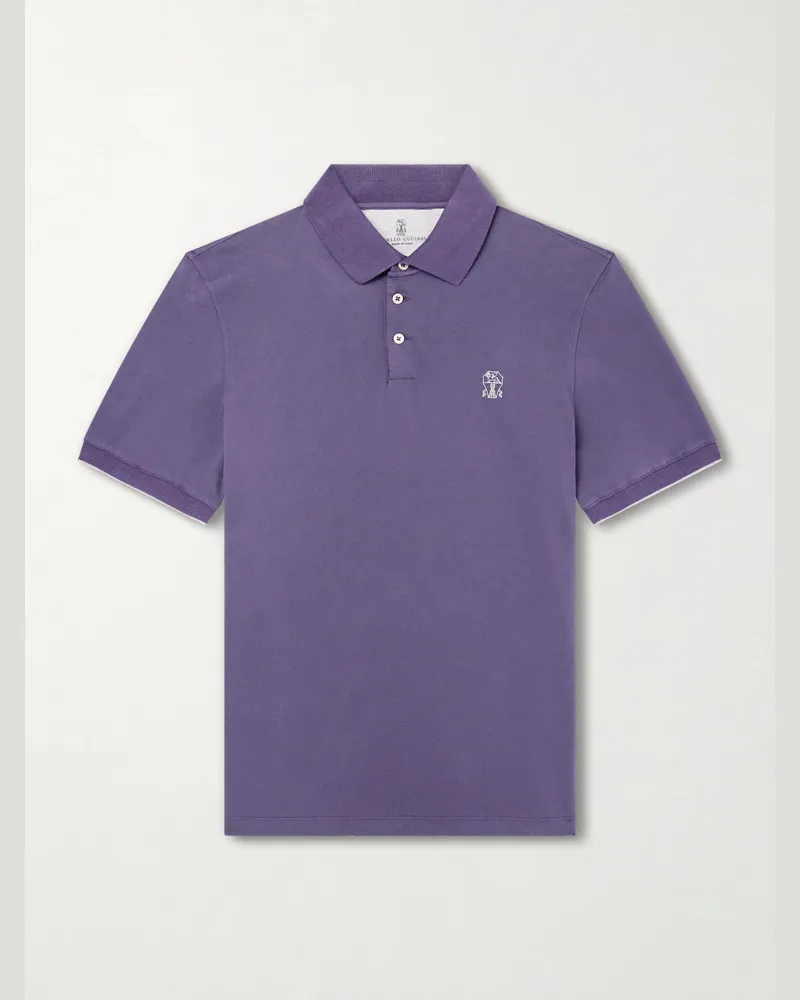 Brunello Cucinelli Logo-Embroidered Cotton-Piqué Polo Shirt Purple