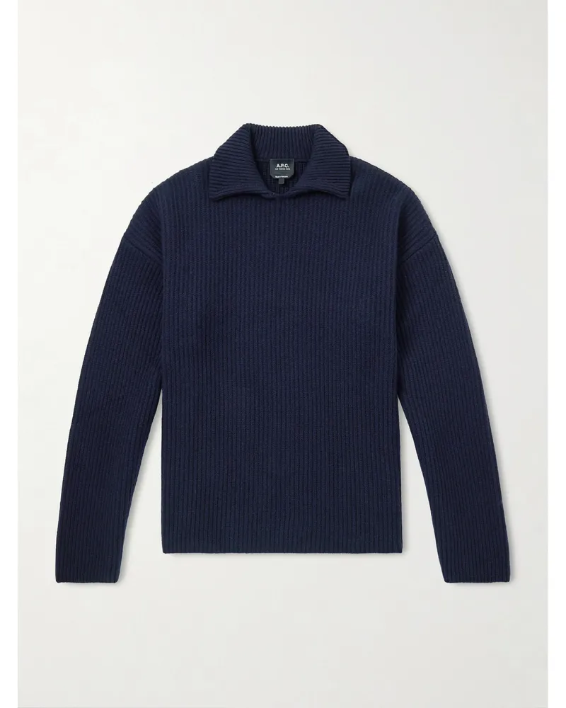 A.P.C. Oversized Ribbed Wool and Cashmere-Blend Polo Sweater Blue
