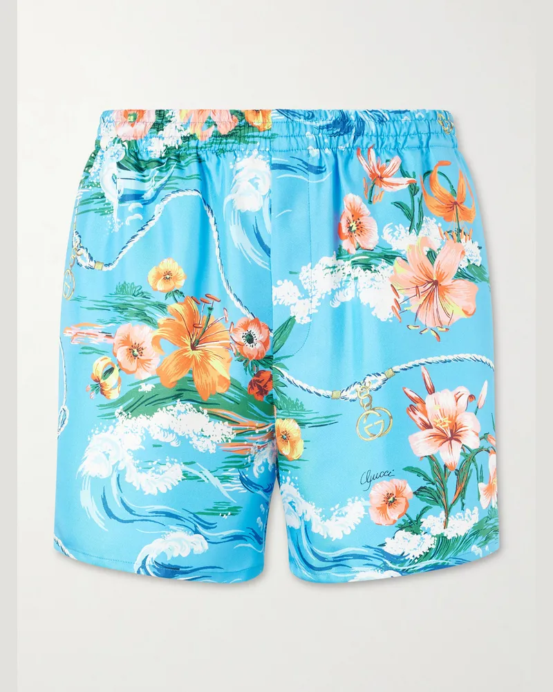 Gucci Straight-Leg Floral-Print Silk-Twill Shorts Blue