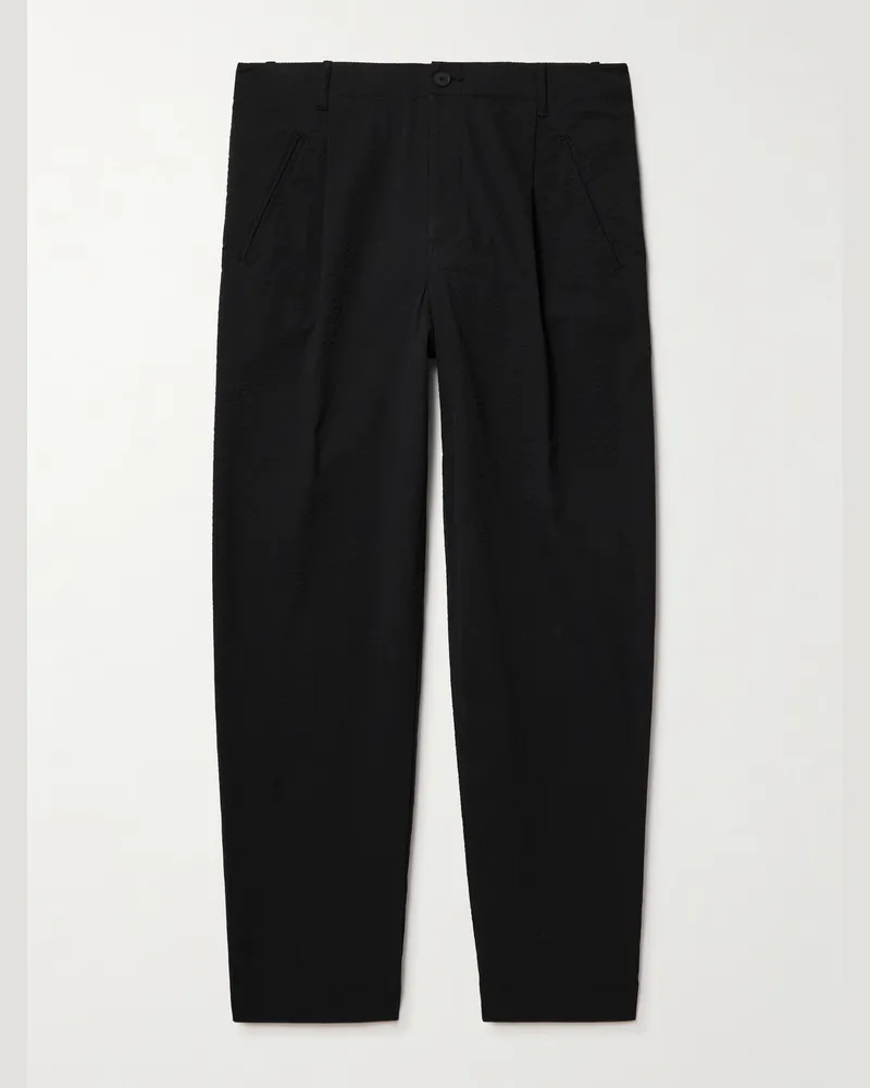 Folk Assembly Straight-Leg Pleated Cotton-Blend Seersucker Trousers Black