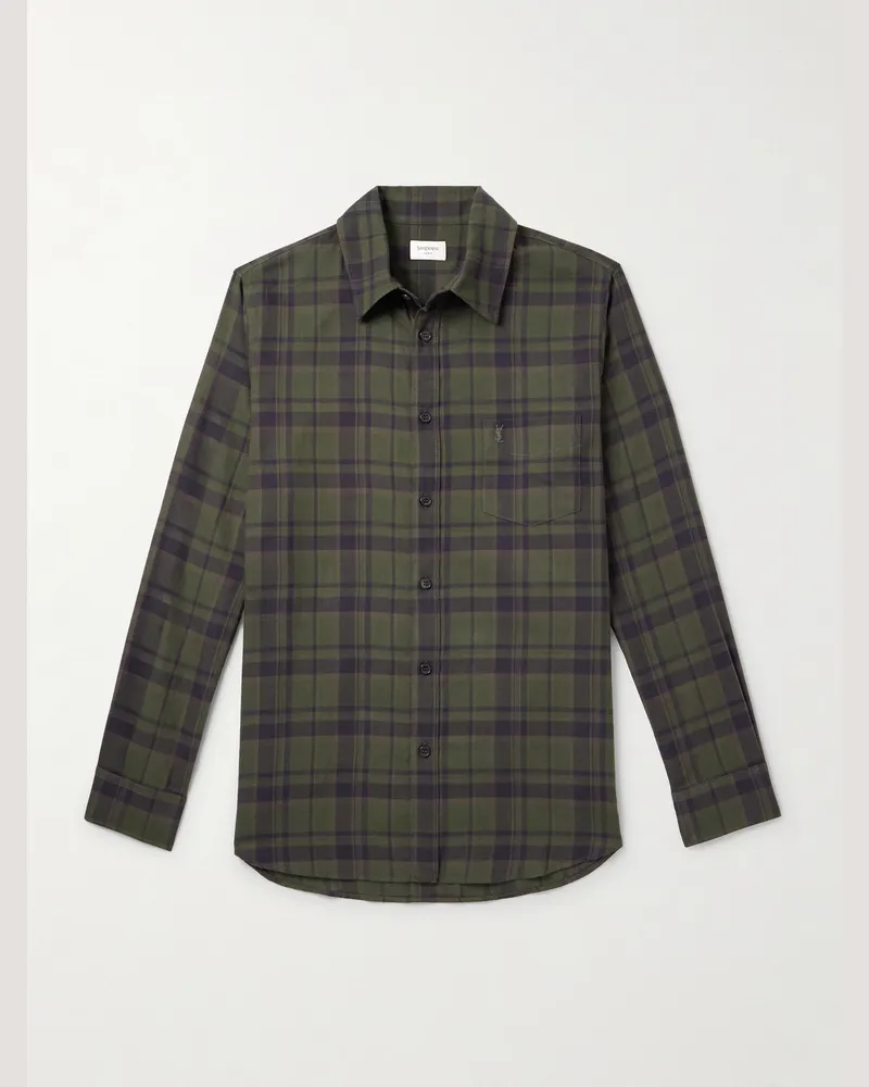 Saint Laurent Kariertes Hemd aus Baumwoll-Twill mit Logostickerei Grün