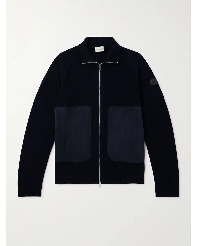 Moncler Cardigan aus einer Baumwoll-Kaschmirmischung mit Reißverschluss, Logoapplikation und Velourslederbesatz Blau