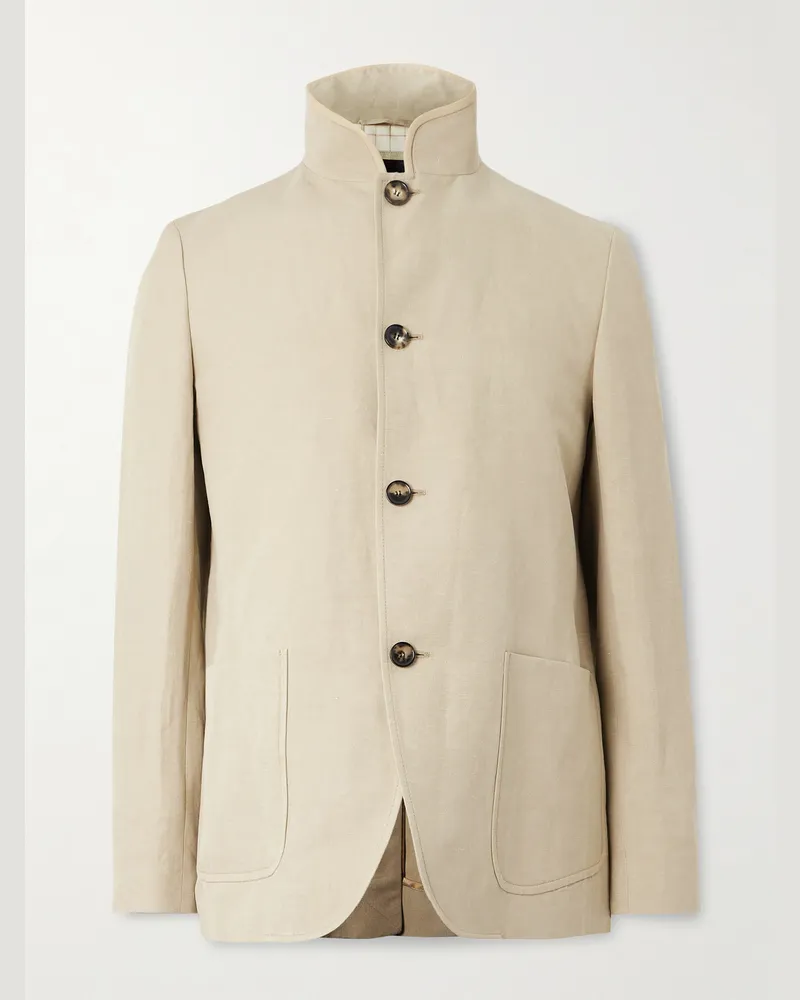 Loro Piana Spagna unstrukturierte Jacke aus Twill aus einer Leinen-Seidenmischung mit Nehru-Stehkragen Neutral
