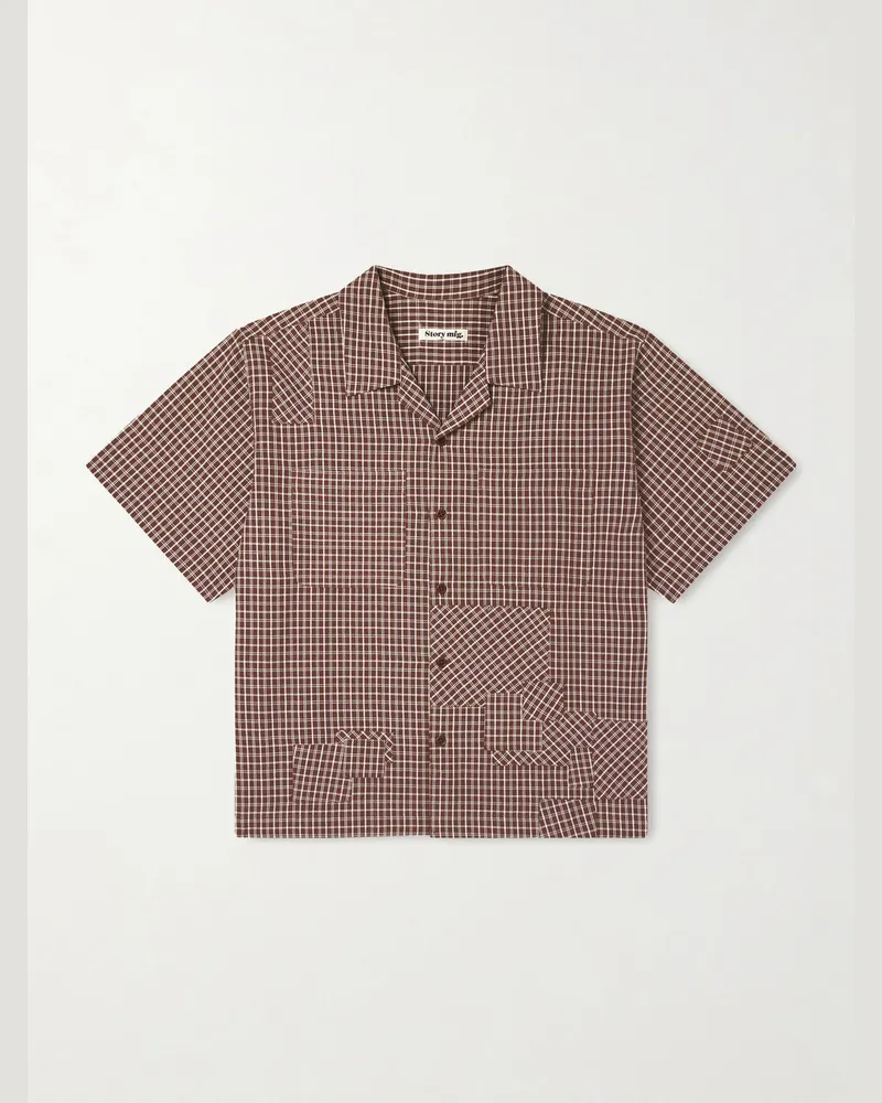 STORY mfg. PA Patchwork-Hemd aus karierter Biobaumwolle mit Reverskragen Braun