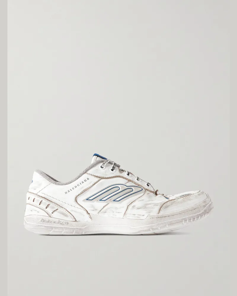 Balenciaga Hamptons Logo-Appliquéd Distressed Leather Sneakers White
