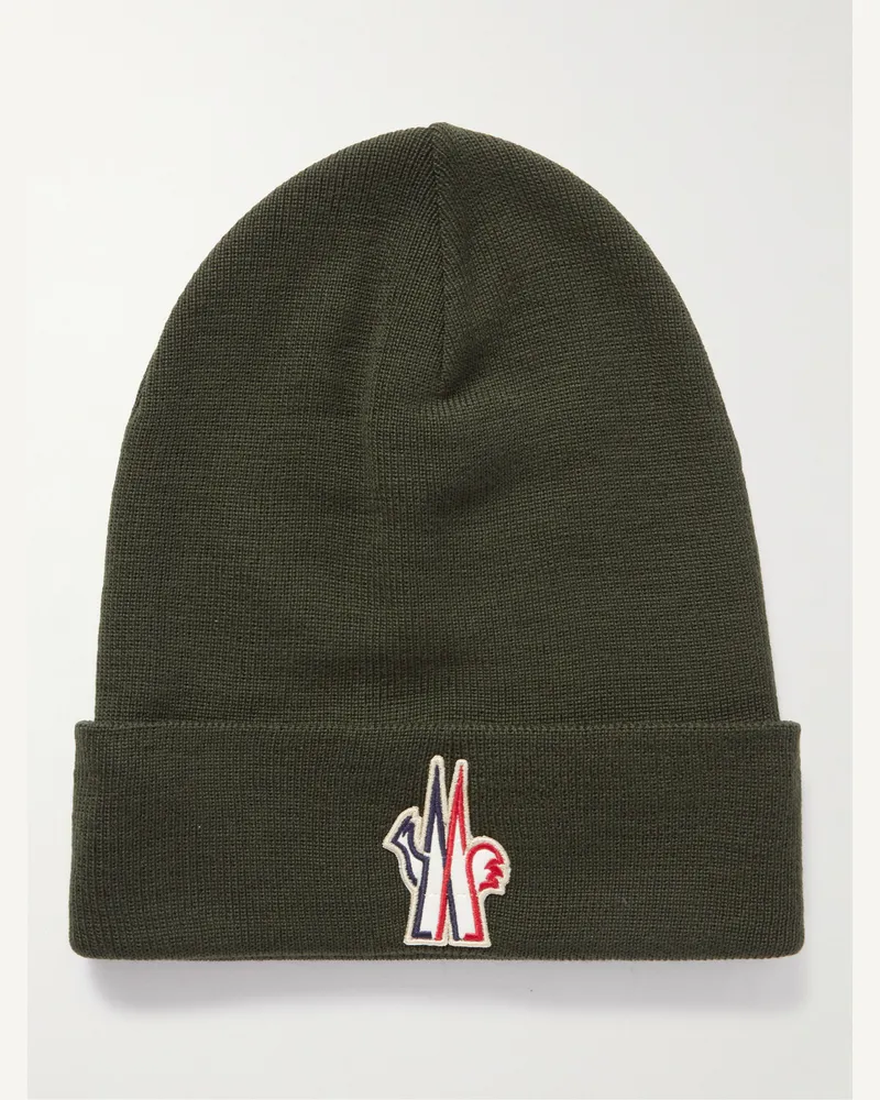 Moncler Beanie aus Wolle in Rippstrick mit Logoapplikation Grün