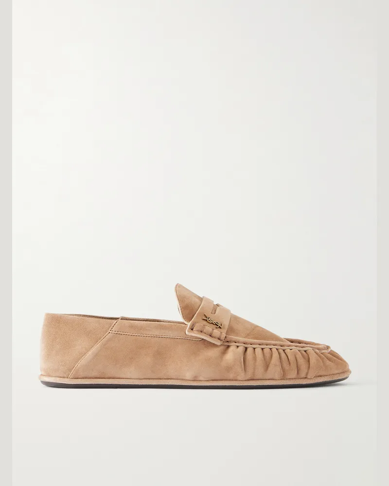 Saint Laurent Le Loafer Monogram Logo-Appliquéd Suede Penny Loafers Neutrals