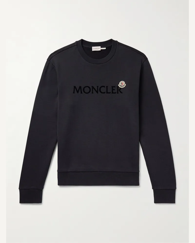 Moncler Sweatshirt aus Baumwoll-Jersey mit Logoflockdruck und Applikation Blau