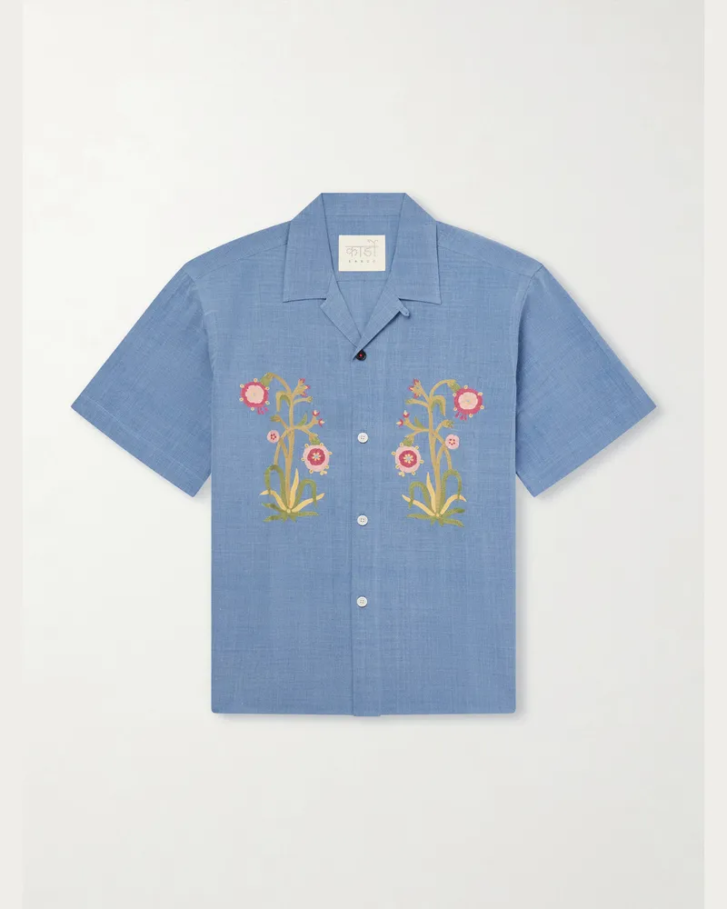 KARDO Ronen Convertible-Collar Embroidered Cotton Shirt Blue