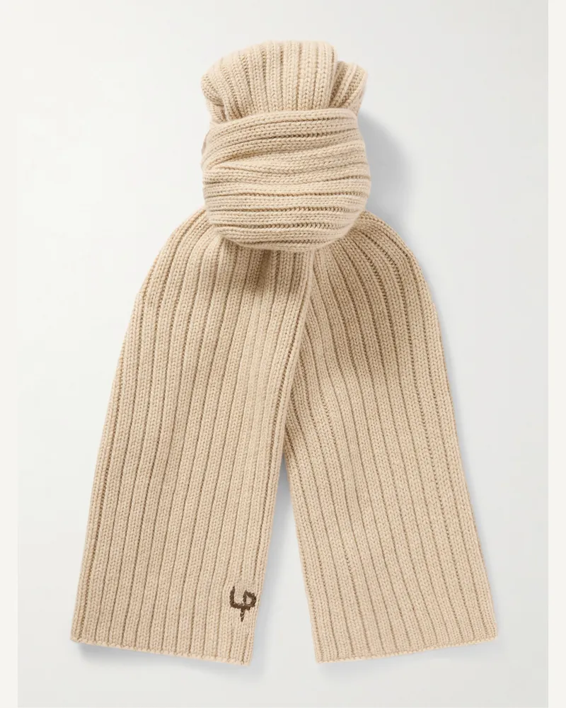 Loro Piana Schal aus Kaschmir in Rippstrick mit Lederdetail Neutral
