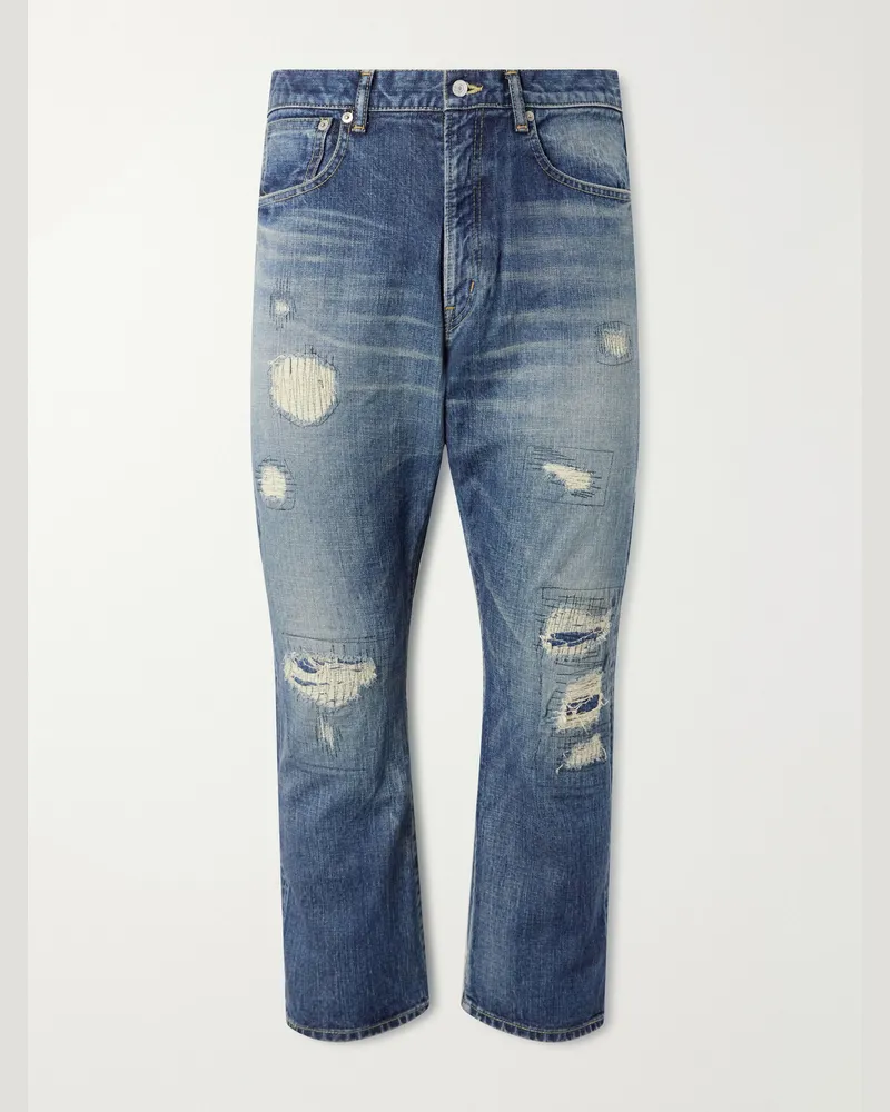 Beams Plus Straight-Leg Distressed Jeans Blue