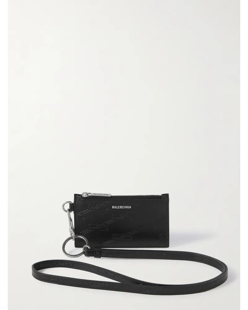 Balenciaga Logo-Debossed Leather Zipped Cardholder with Lanyard Schwarz