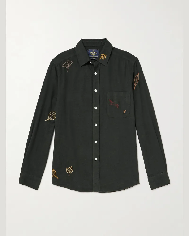 Portuguese Flannel Fall Leaves Hemd aus Baumwollflanell mit Stickereien Grün