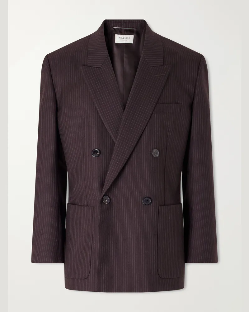 Saint Laurent Double-Breasted Pinstriped Wool-Blend Suit Jacket Brown