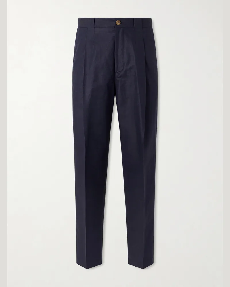 Brunello Cucinelli Tapered Pleated Cotton and Linen-Blend Trousers Blue
