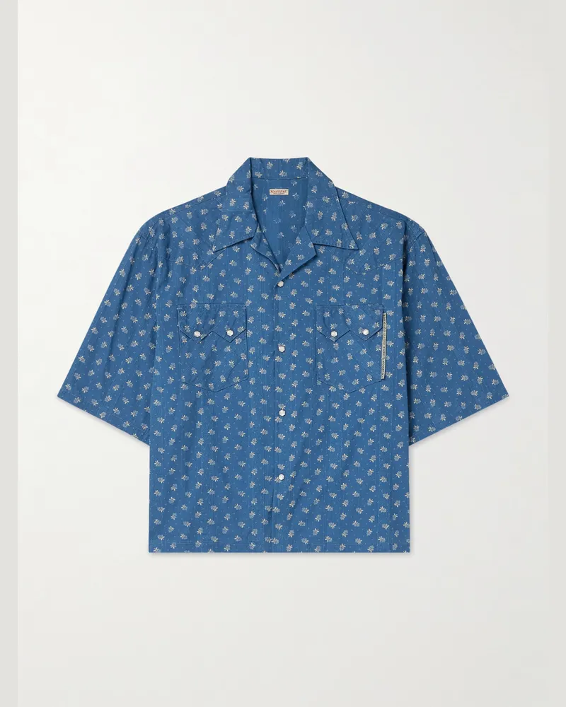 KAPITAL Camp-Collar Cotton-Dobby Shirt Blue