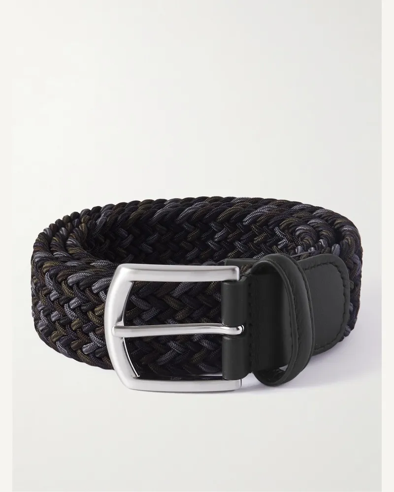 Anderson's 3.5cm Leather-Trimmed Woven Elastic Belt Black