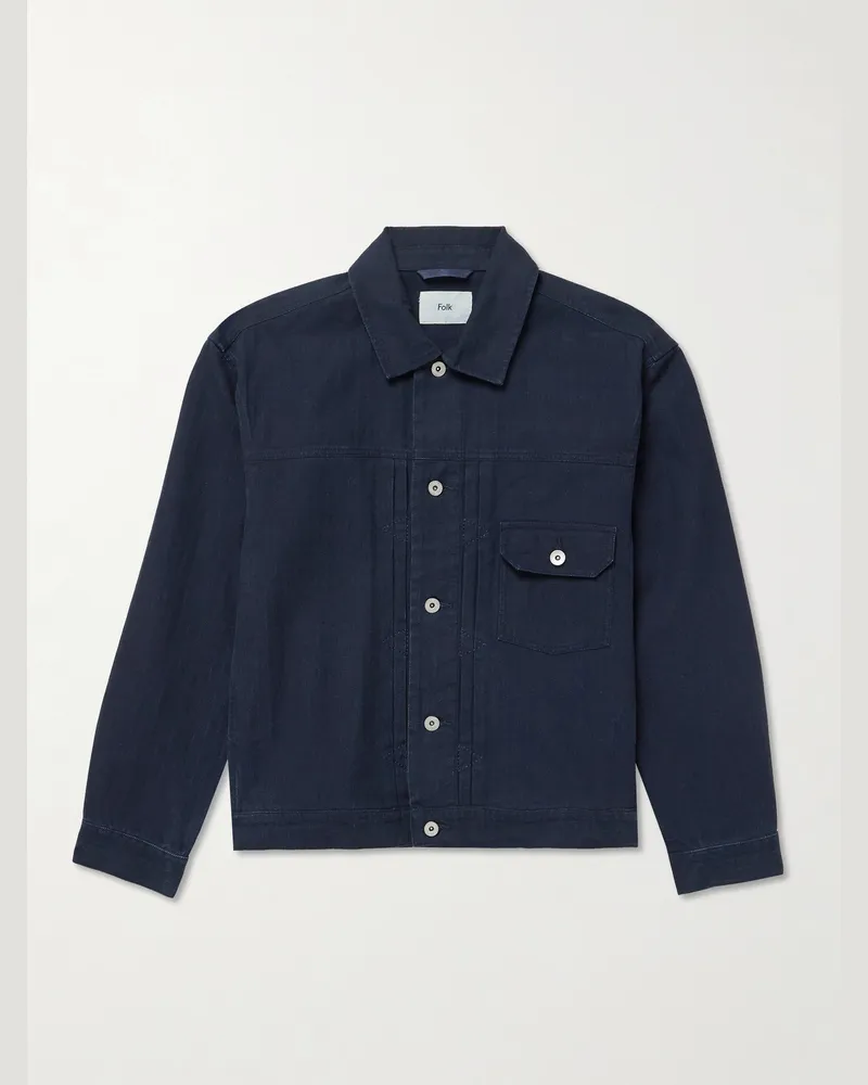 Folk Trucker Herringbone Cotton-Twill Jacket Blue