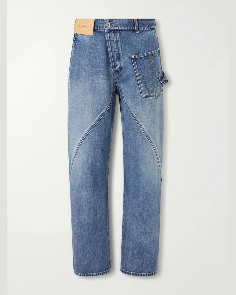 J.W.Anderson Twisted Logo-Debossed Straight-Leg Jeans Blue