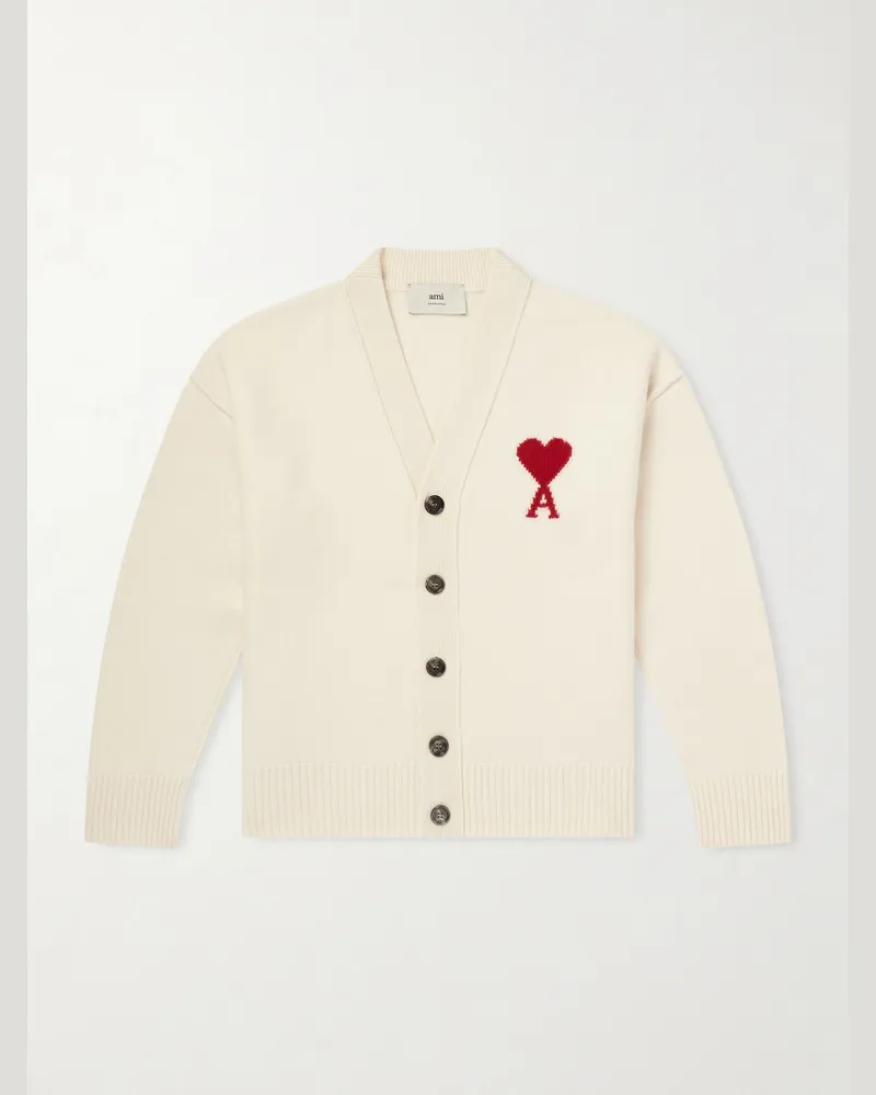 AMI Paris Logo-Intarsia Merino Wool Cardigan Neutrals