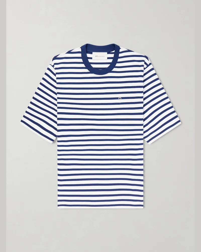 AMI Paris Quota Logo-Print Striped Cotton-Jersey T-Shirt Blue