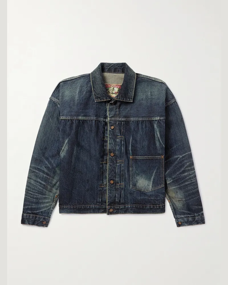 SAINT MXXXXXX Distressed Pleated Denim Jacket Blue