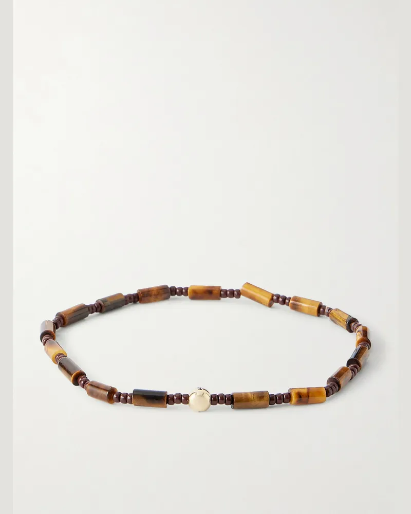 Luis Morais 14-Karat Gold Tiger's Eye Beaded Bracelet Brown