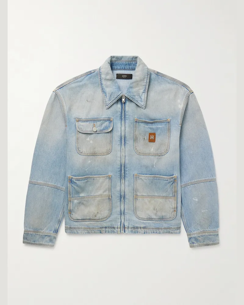 Amiri Logo-Appliquéd Distressed Denim Jacket Blue