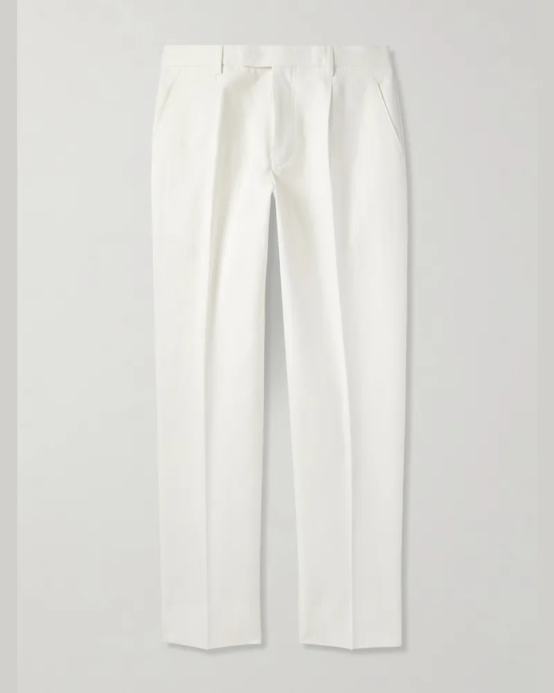 Ermenegildo Zegna Schmal zulaufende Hose aus Twill aus einer Baumwoll-Leinenmischung mit Falten Weiß