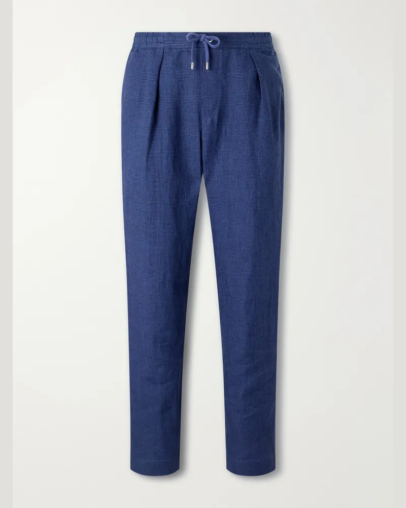 Ralph Lauren Prince of Wales Linen Straight-Leg Pleated Drawstring Trousers Blue
