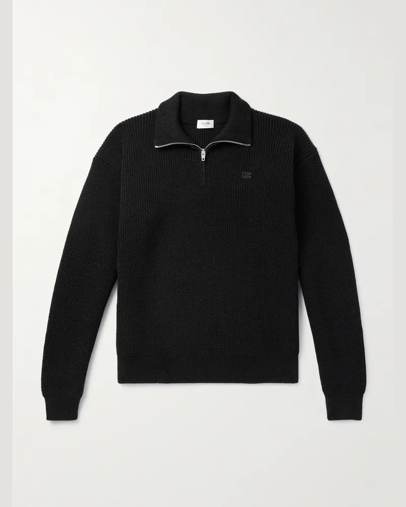 Celine Pullover aus Wolle in Rippstrick mit Logostickerei und kurzem Reißverschluss Schwarz
