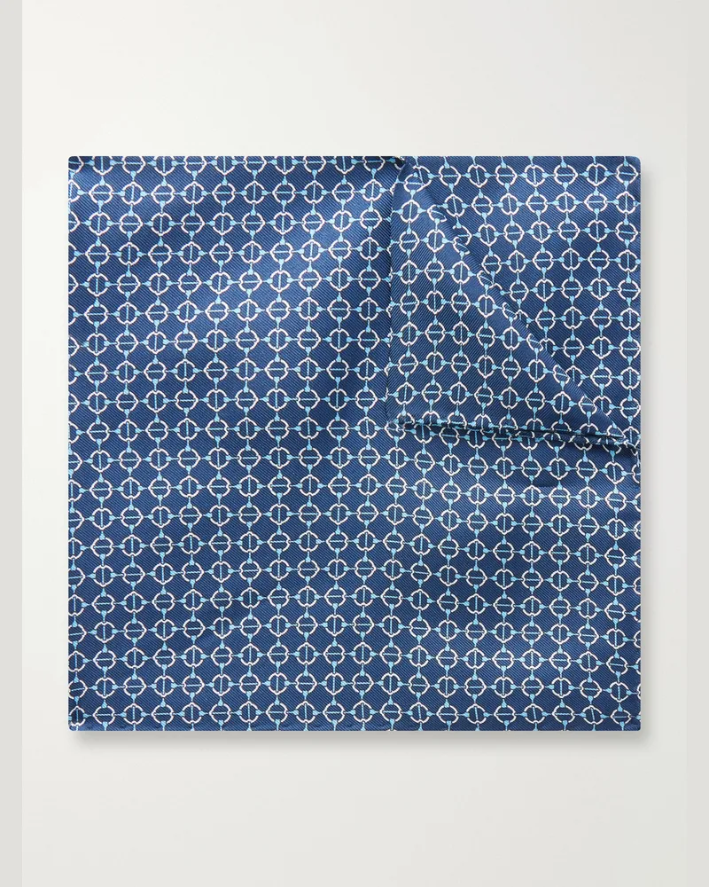 De Petrillo Printed Silk-Twill Pocket Square Blue