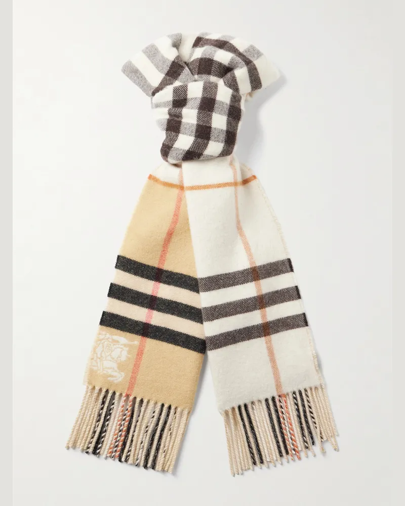 Burberry Fringed Checked Cashmere Scarf Neutrals
