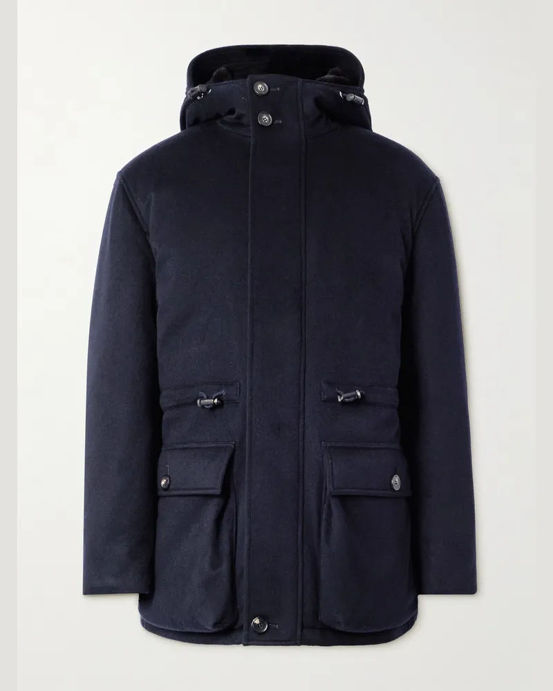 Loro Piana Damiano Kapuzenjacke aus wattiertem Filz aus Storm-System®-Kaschmir mit Shearling-Futter Blau