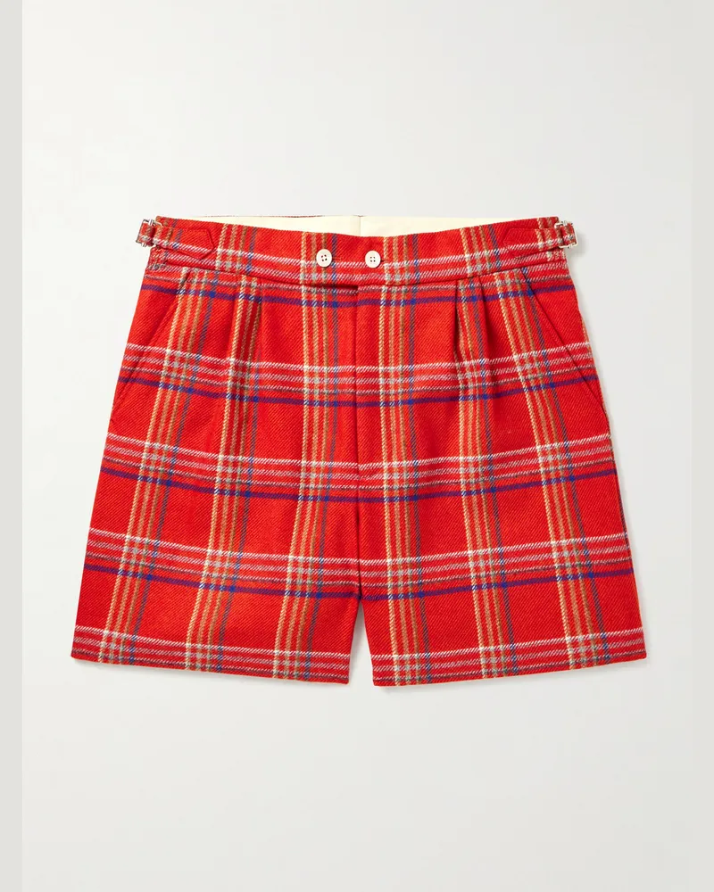 BODE Gable Straight-Leg Pleated Checked Wool Shorts Red