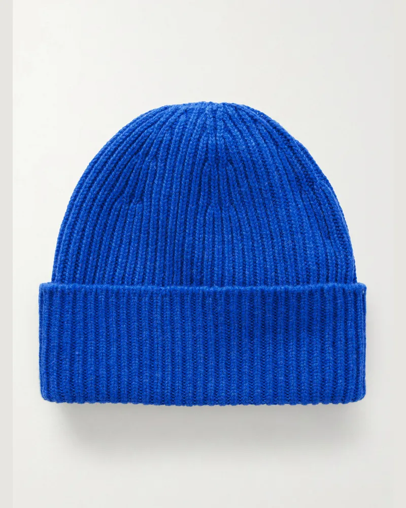 William Lockie Ribbed Cashmere Beanie Blue