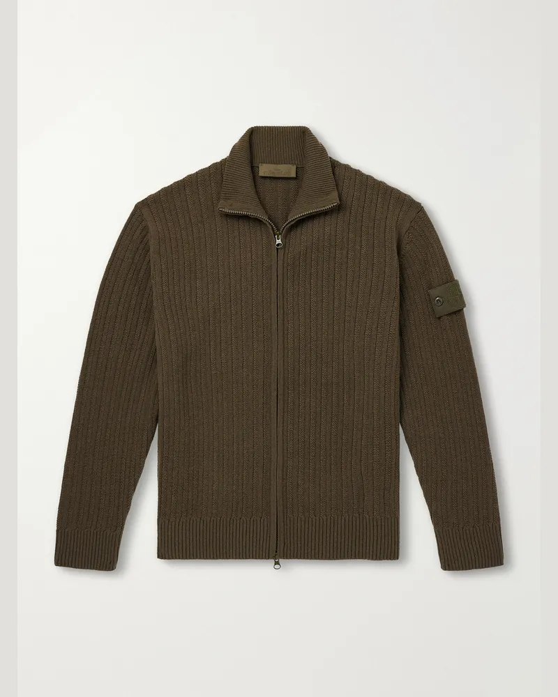 Stone Island GHOST Ribbed Wool and Cashmere-Blend Zip-Up Cardigan Green