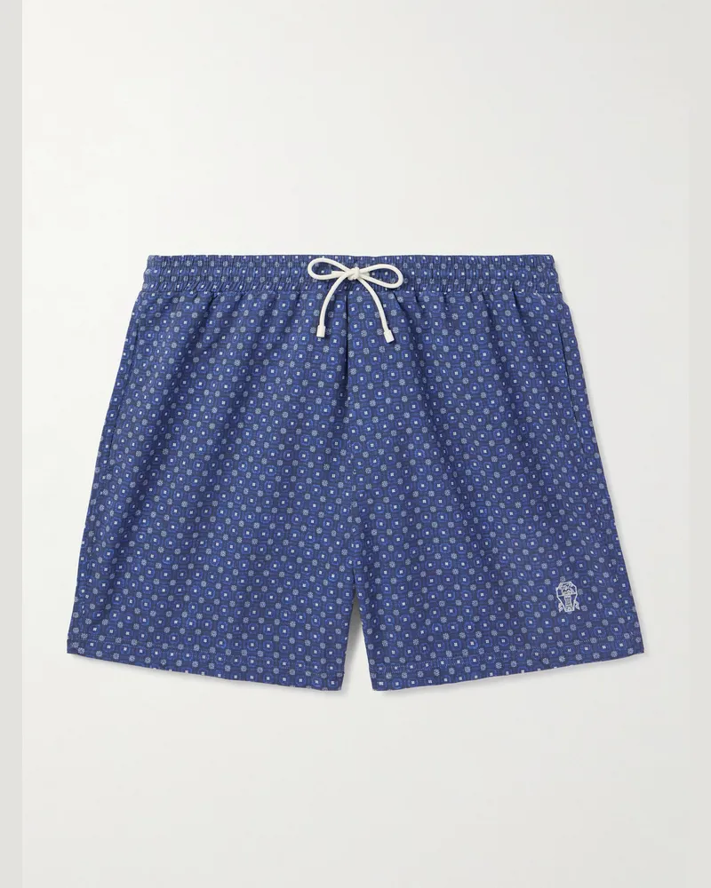 Brunello Cucinelli Gerade geschnittene mittellange Badeshorts mit Logostickerei und Print Blau