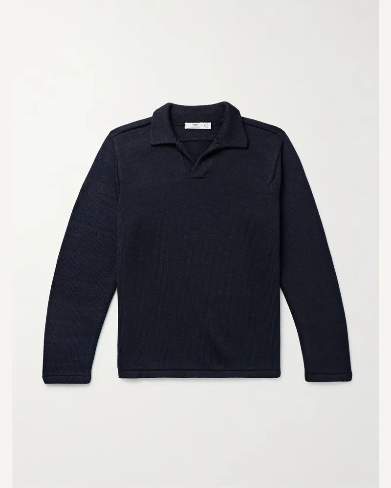 Inis Meáin Wool and Linen-Blend Polo Shirt Blue