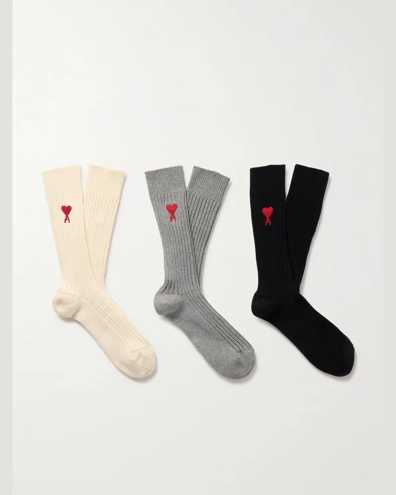 AMI Paris Set aus drei Paar Socken aus einer gerippten Baumwollmischung mit Logostickerei Neutral