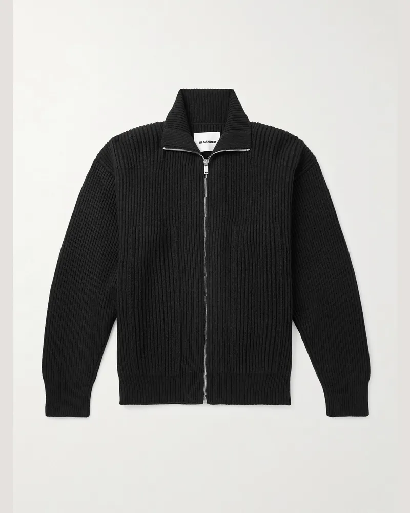 Jil Sander Cardigan aus Wolle in Rippstrick mit Reißverschluss Schwarz