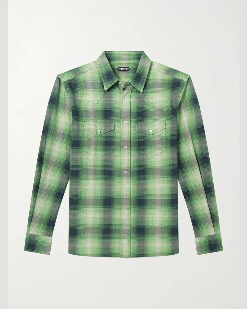 Tom Ford Schmal geschnittenes kariertes Hemd aus Baumwollflanell Grün